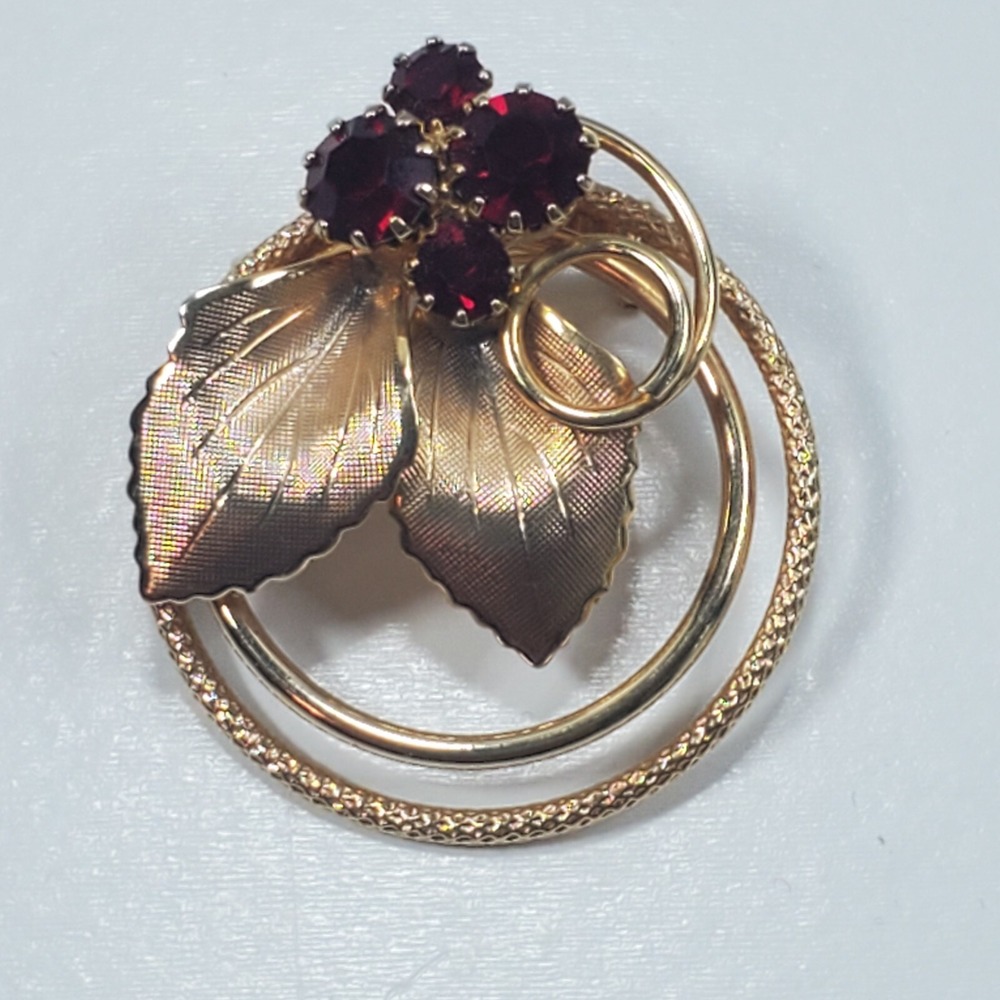 Vintage Gold Tone Metal & Red Rhinestones Double Circle Brooch Pin